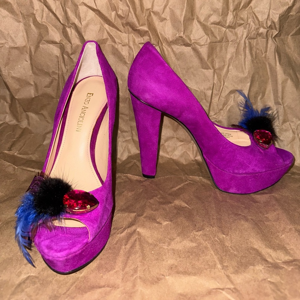 Enzo Angiolini Vibrant Purple Heels with Feather Accent